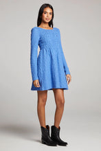 blue dress with long sleeves and smocked bodice
