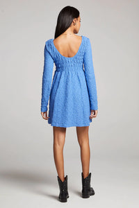 blue dress with long sleeves and smocked bodice