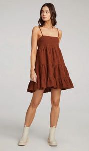 brown crinkle scrappy short flow dress with adjustable straps
