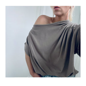 off the shoulder top in beige dune with shoulder rouching