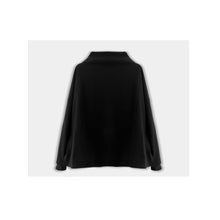 draped black top with long sleeves and funnel neck