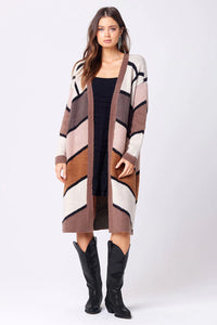 long sweater jacket in brown tones and stripes