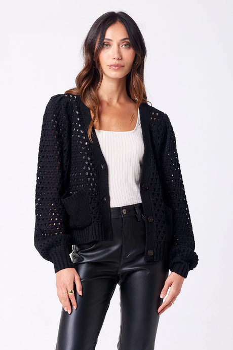 black mesh sweater with three buttons